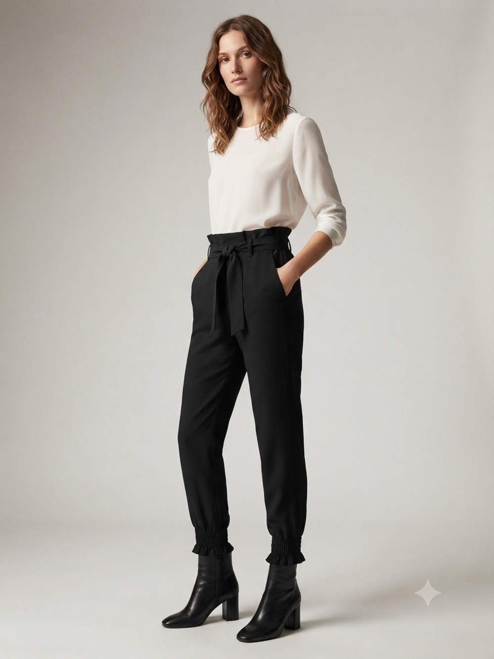 Grace Karin Black Paperbag Tie-Waist Joggers